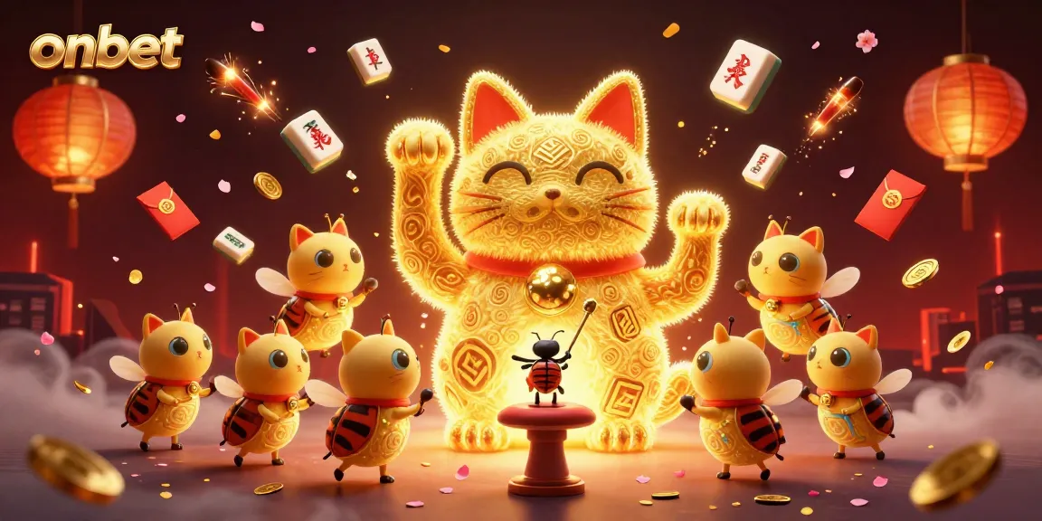 Play exciting games at onbet, featuring a 3D lucky cat and casino symbols in dynamic action.