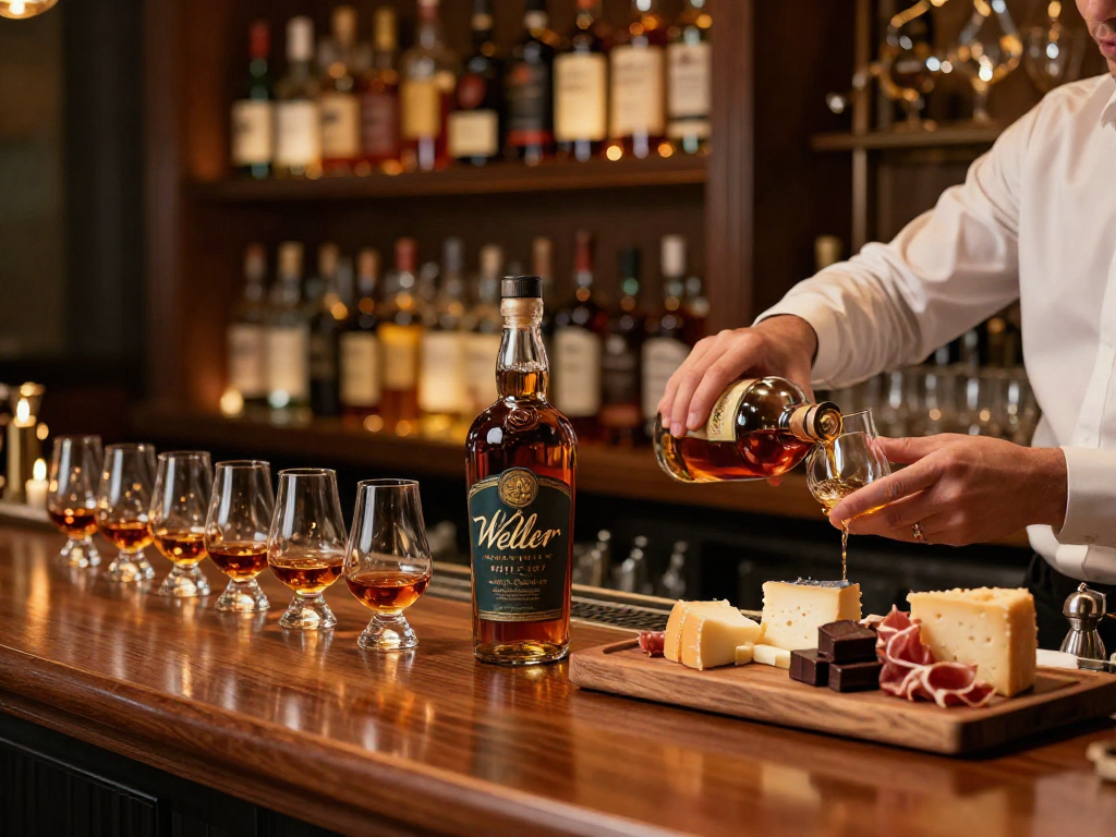 Weller Antique 107 Bourbon elegantly displayed in a sophisticated tasting bar setting with bourbon glasses and gourmet pairings.