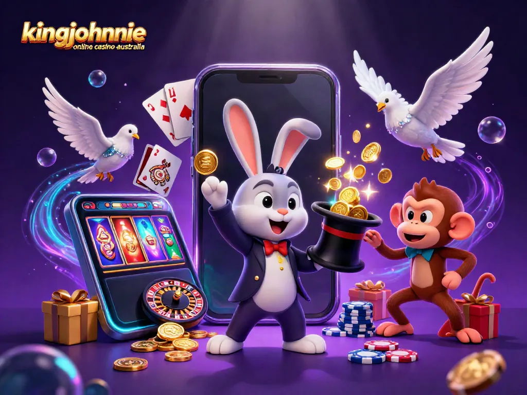 Engage with kingjohnnie online casino australia through a magical illustration of a rabbit and friends amid glowing casino elements.