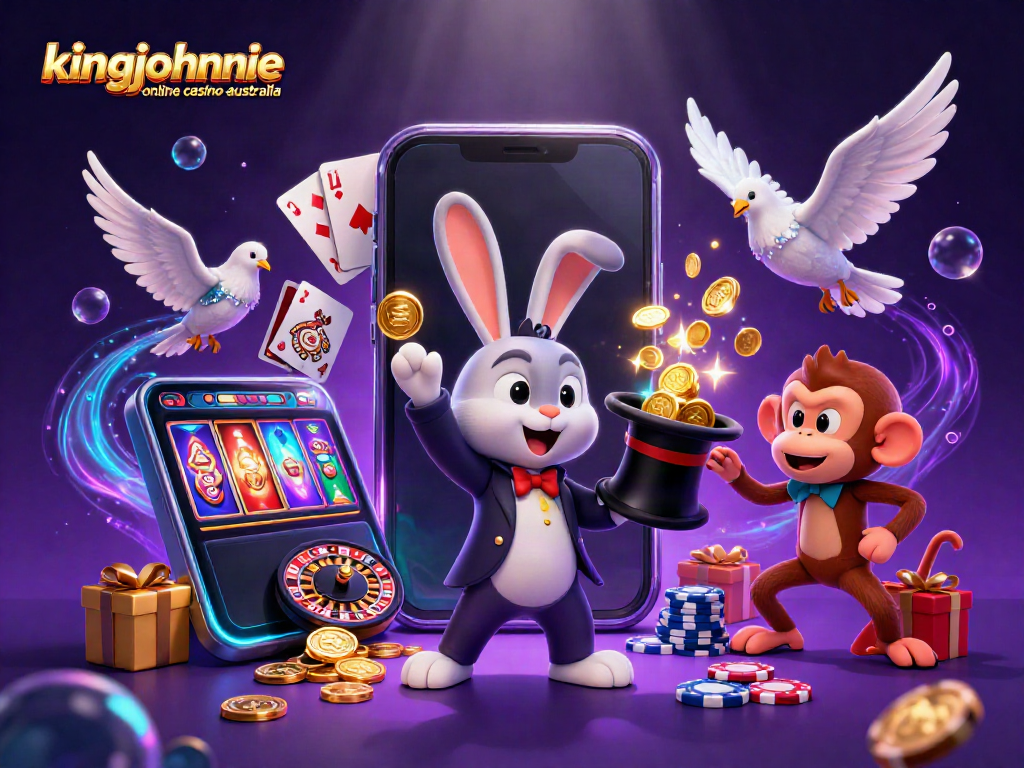 Engage with kingjohnnie online casino australia through a magical illustration of a rabbit and friends amid glowing casino elements.
