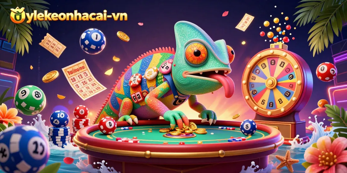 Engage with the lively atmosphere of tylekeonhacai-vn, featuring a chameleon casino owner amidst vibrant gaming elements.