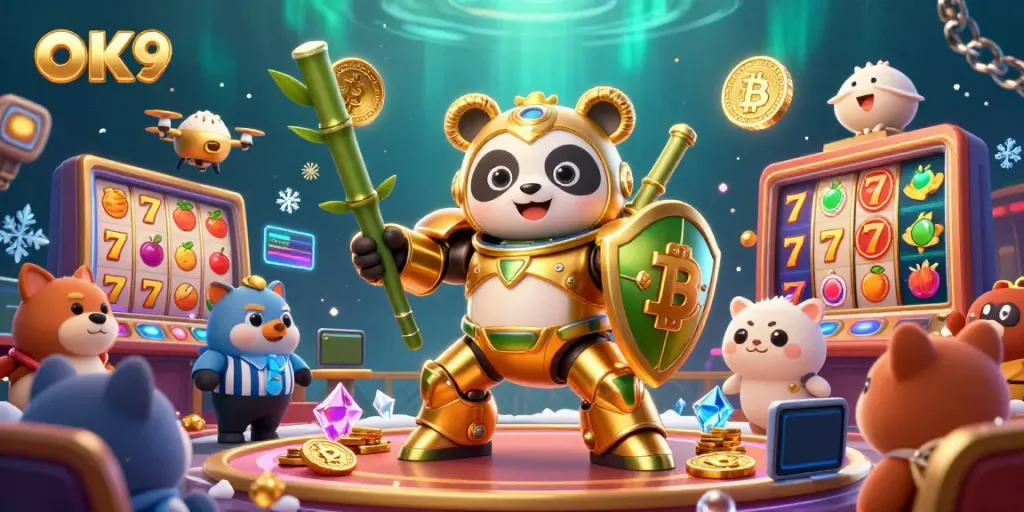 Engage with OK9's exhilarating casino experience featuring a golden panda in a dynamic gambling arena.