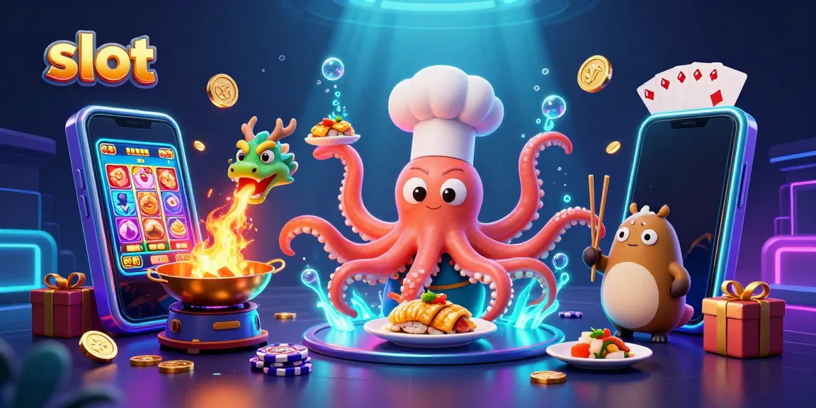 Experience thrilling slot games with a vibrant scene of a creative sushi chef octopus, dragon, and tanuki.