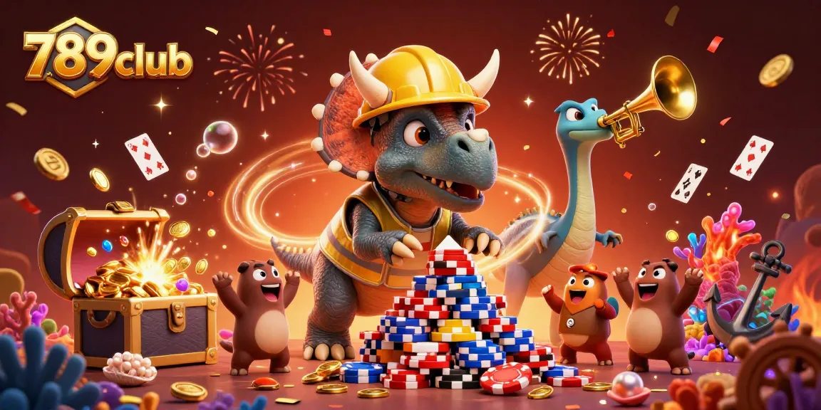 Celebrate with 789club: 3D fun illustration showing a triceratops building poker chips and cheering compys.