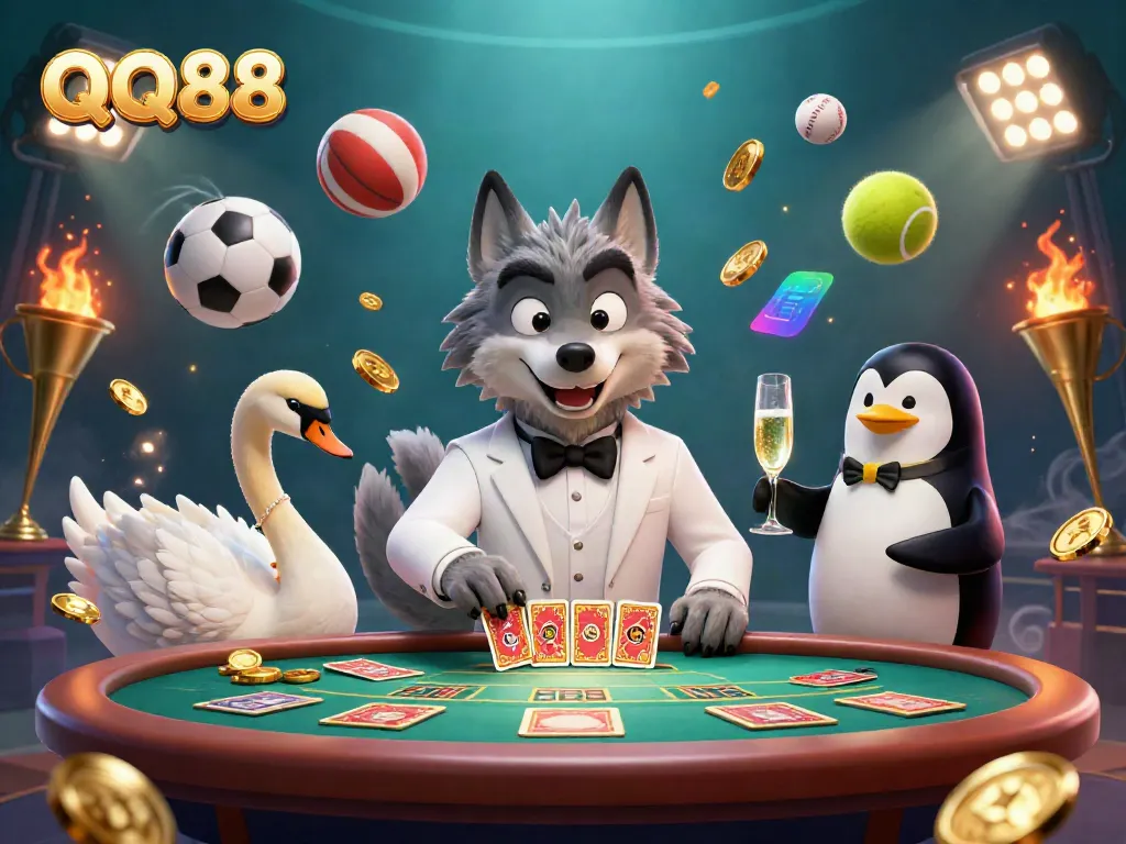 Engage in thrilling betting action at QQ88, illustrated with vibrant casino characters and dynamic games.