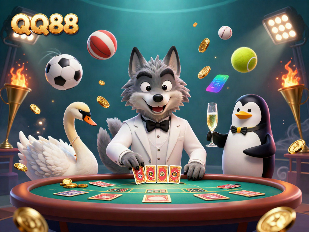 Engage in thrilling betting action at QQ88, illustrated with vibrant casino characters and dynamic games.