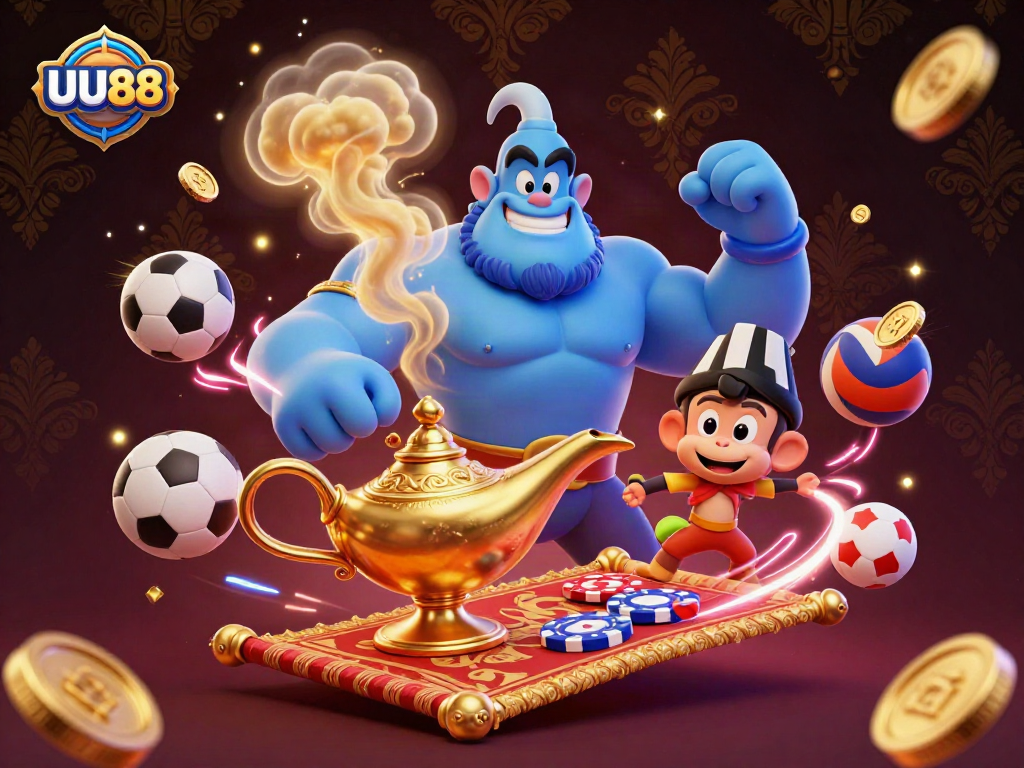 Experience the vibrant UU88 scene with a genie, monkey, and poker chips amidst sports elements.