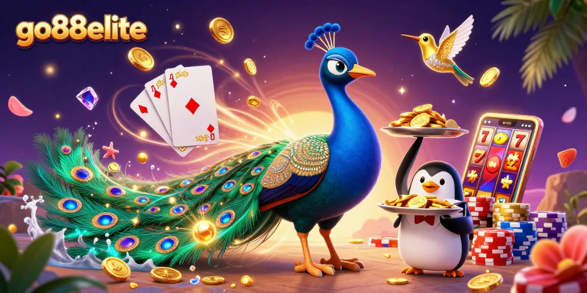 Experience thrilling casino action at go88elite with a vibrant 3D illustration featuring a peacock and penguin.