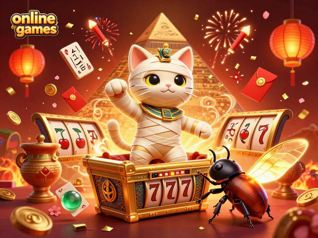 Engage in online slot games with vibrant characters and dynamic elements in a spectacular casino scene.
