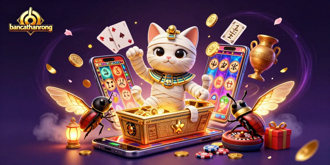 bancathanrong showcases a vibrant 3D illustration with a mummy cat and a scarab beetle amidst casino elements.