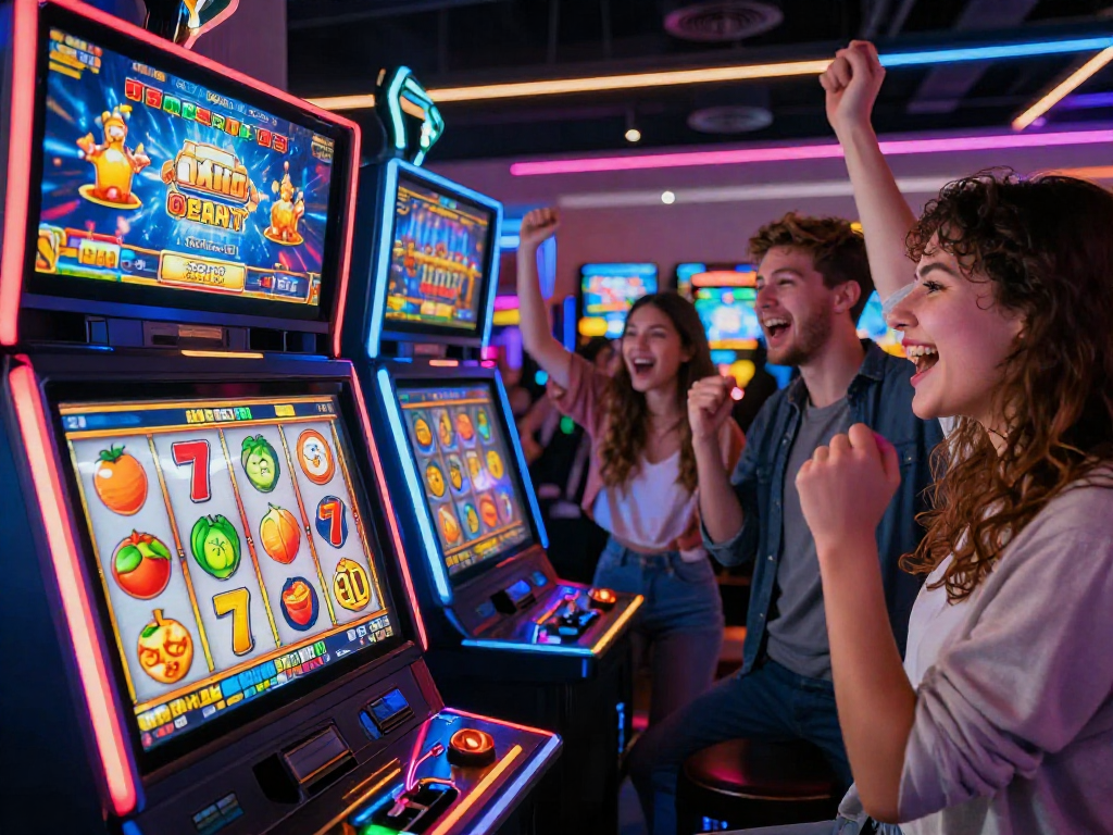 Pengalaman bermain slot88 yang meriah di kasino online dengan mesin slot berwarna-warni dan suasana pesta.