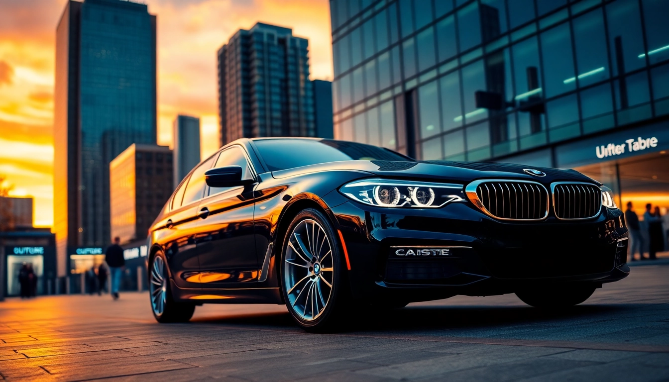 Admire the stunning Luxury BMW car parked amidst an upscale urban setting with dramatic lighting.