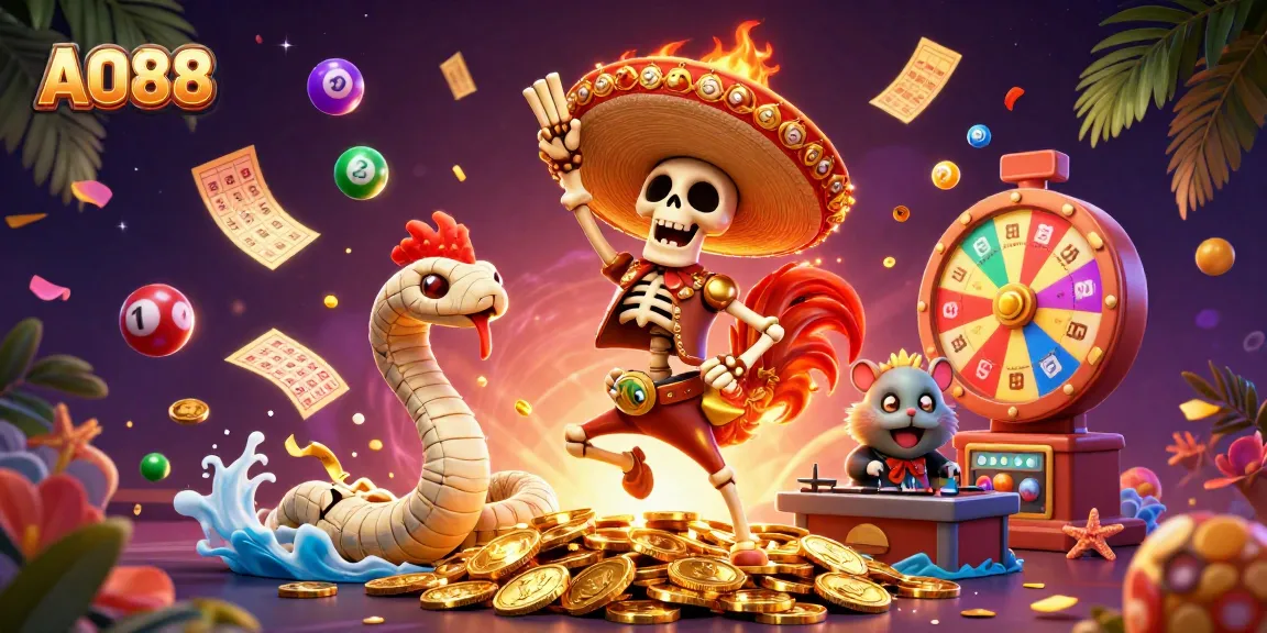 AO88 brings excitement as a mariachi rooster and friends celebrate wins in a colorful casino scene.