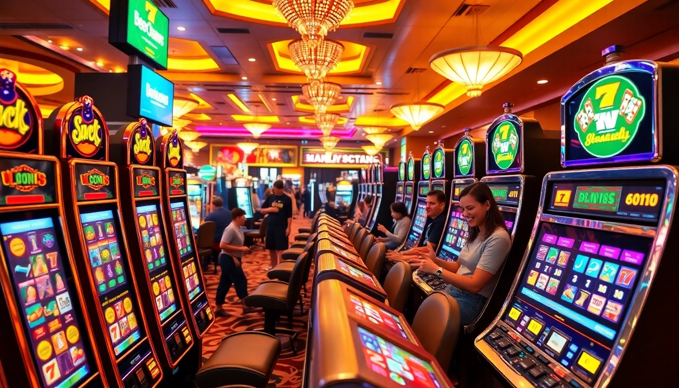 Engaging slot gambling scene showcasing players at colorful slot machines in a lively casino.