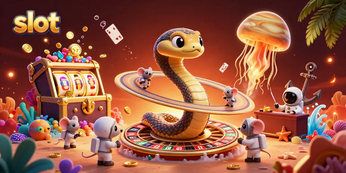 Slot menghidupkan suasana kasino dengan karakter kartun yang menarik dan mesin slot unik di latar belakang.