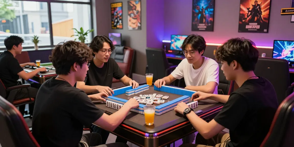Friends enjoying an intense MahjongJP88 game in a vibrant gaming lounge, with colorful tiles and LED lighting.
