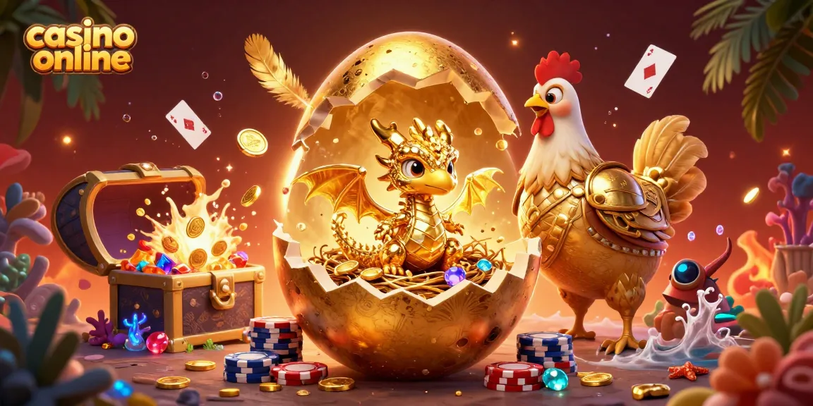 A 3D illustration of a baby dragon and golden hen showcasing the excitement of casino online gaming.