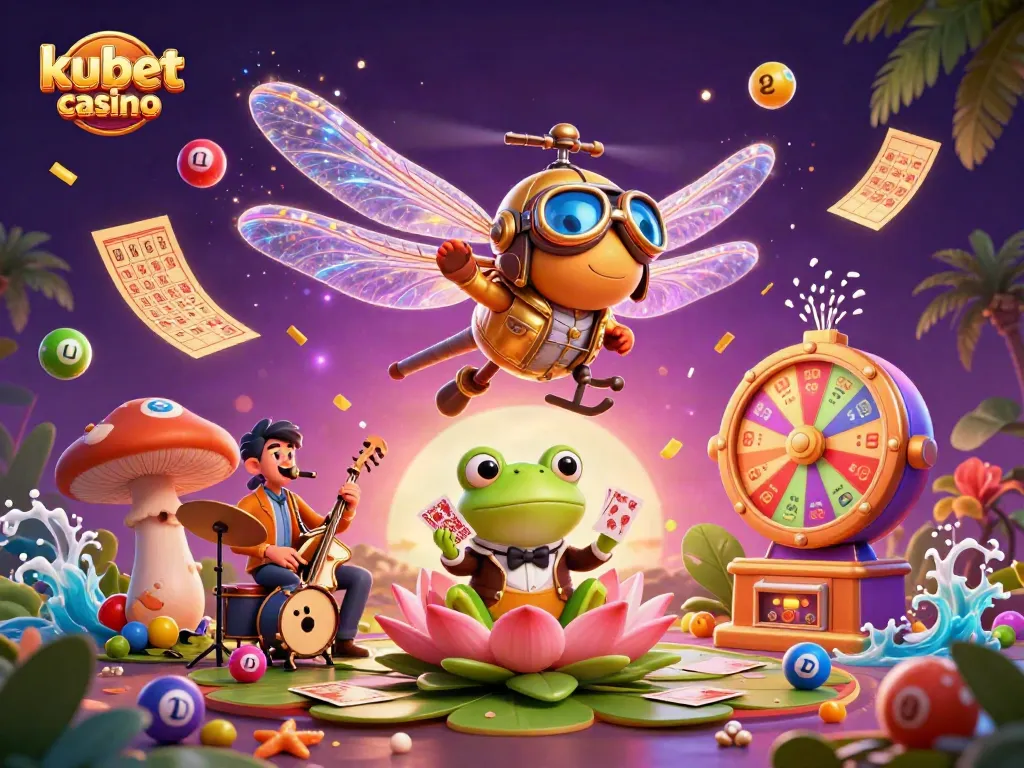 Engage with kubet casino in a vibrant, playful 3D illustration showcasing colorful games and festivities.