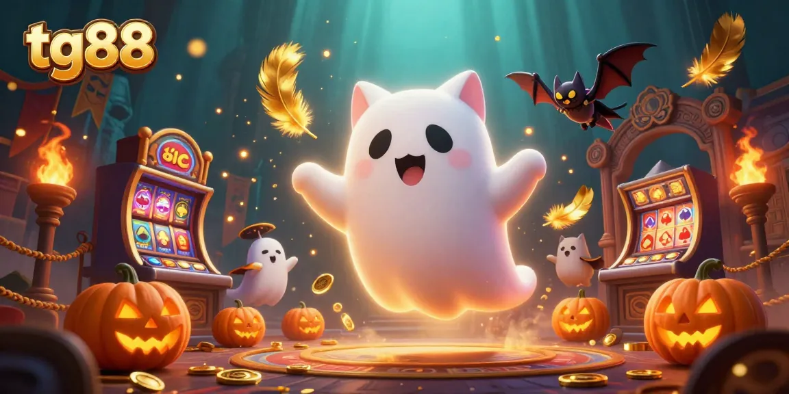 Tg88 illuminates a casino scene with a ghost cat, a vampire bat, and glowing jack-o-lanterns.