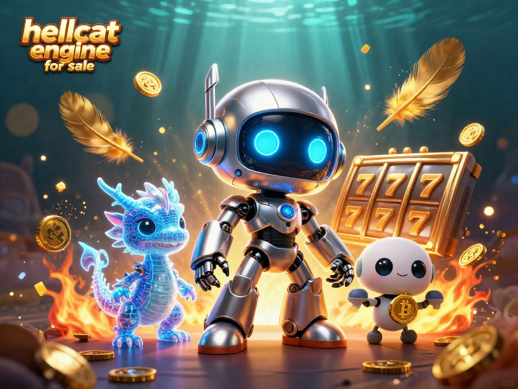 Engage in thrilling action with a Hellcat engine for sale featuring a dynamic scene of robots and crypto elements.