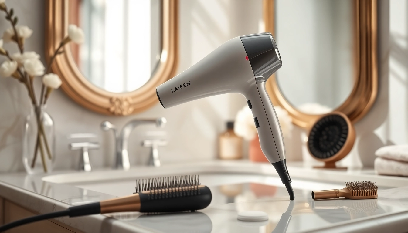 Using the Laifen hair dryer, showcasing its design and features in a bright vanity setting.