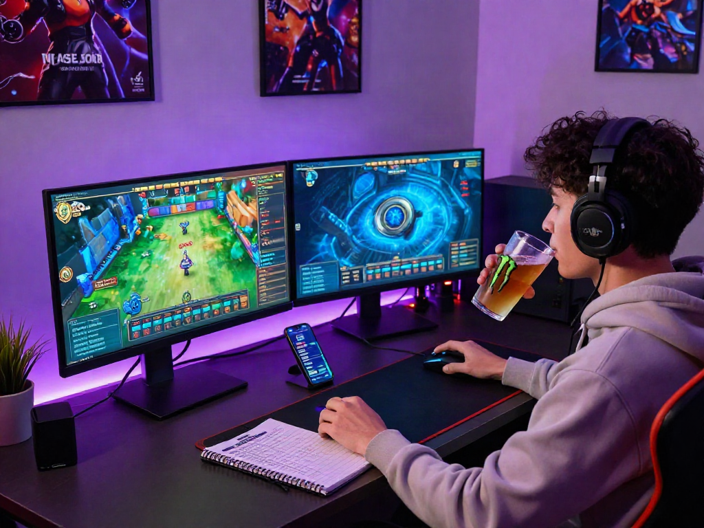 Engaged gamer focused on togel online action with vibrant screens and gaming setup.