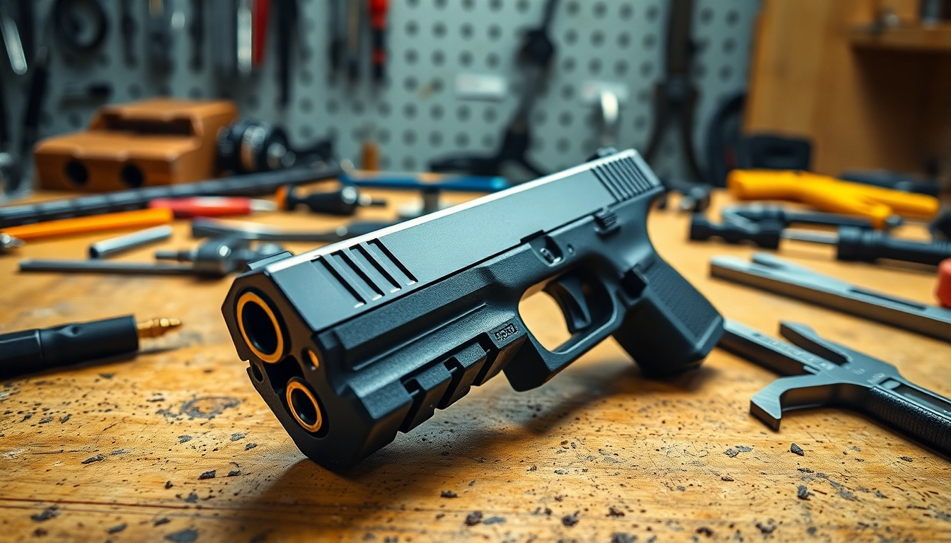 Examine glock 19 slide oem on a workbench surrounded by tools for precision assembly.
