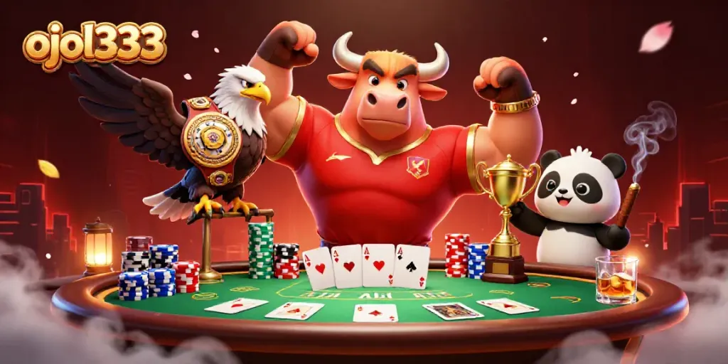 Engage in winning with ojol333 in this vibrant casino-themed illustration of fun characters.