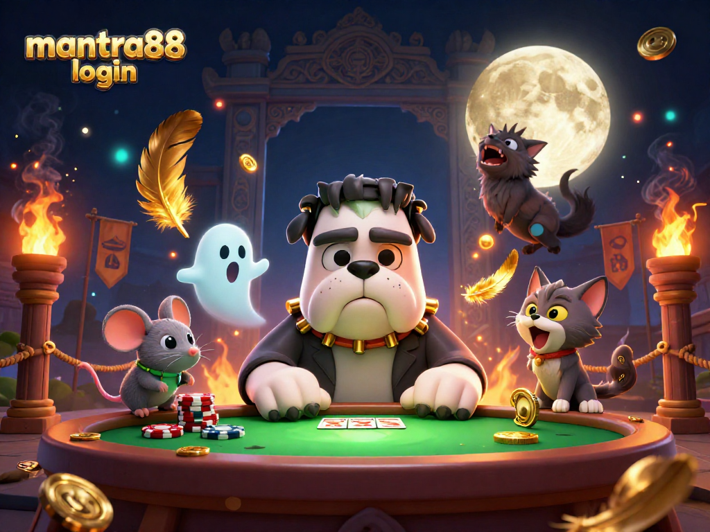 Engage with mantra88 login at an exhilarating card game featuring a Frankenstein bulldog and playful spirits.
