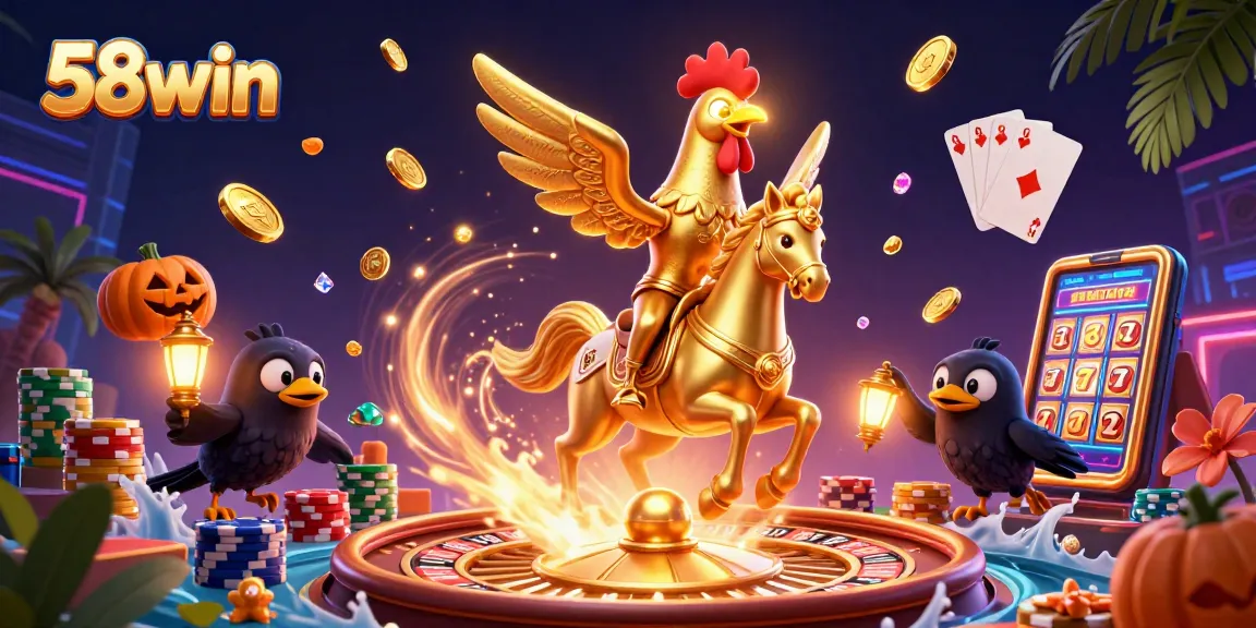 Experience the thrill of 58win with the dazzling golden rooster and casino elements.