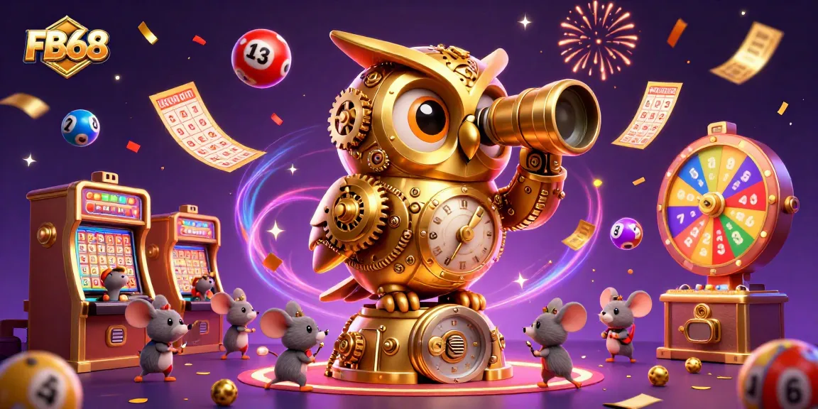 Experience the excitement at FB68 with a vibrant casino scene featuring a golden owl and lively lottery elements.