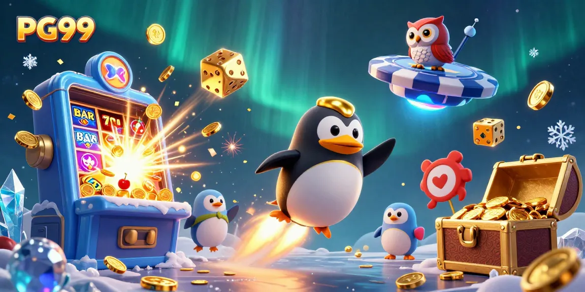Engage with PG99's dynamic online casino experience featuring a golden penguin and slot machine.