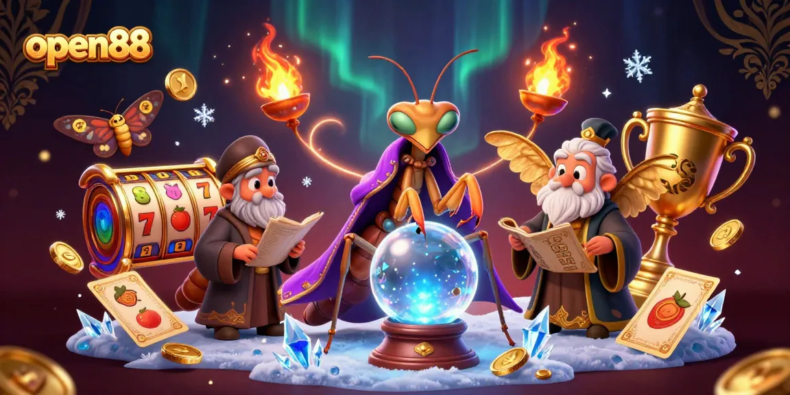 Experience open88 with a vibrant casino scene featuring a fortune teller, moth librarian, and dynamic gaming elements.