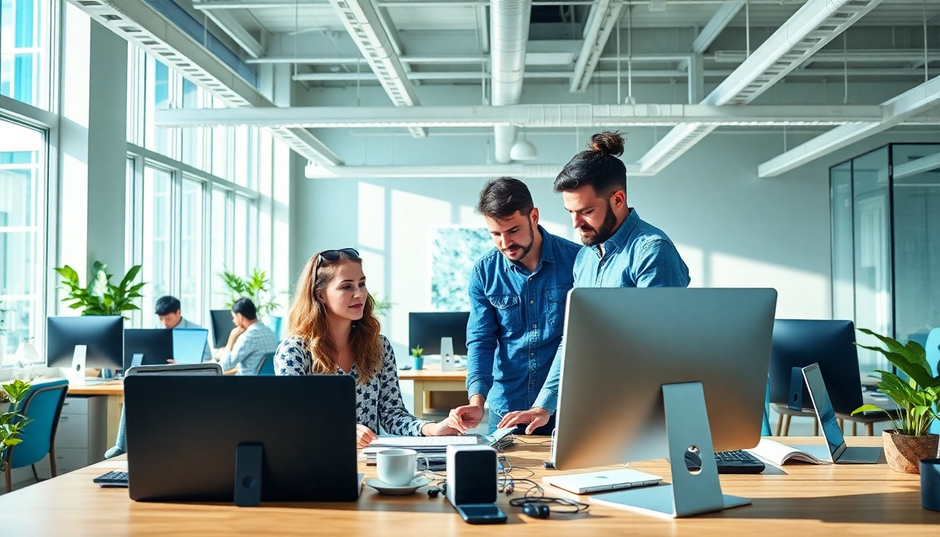 Creative collaboration at a website design agency Melbourne, featuring a diverse team in a modern workspace.