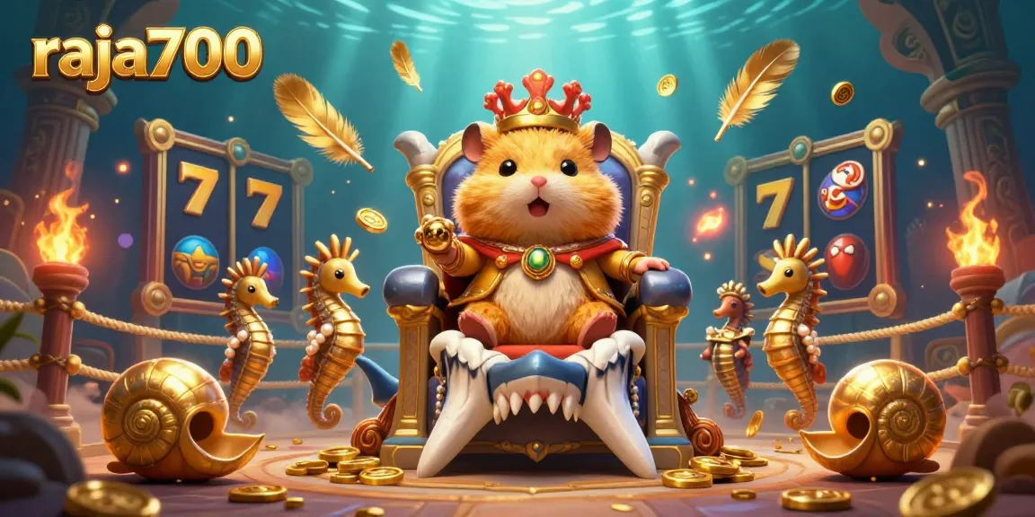 Raja700 menampilkan hamster raja emas berjuang sambil berada di atas kursi tengkorak hiu, di tengah simbol permainan slot yang berkilauan.