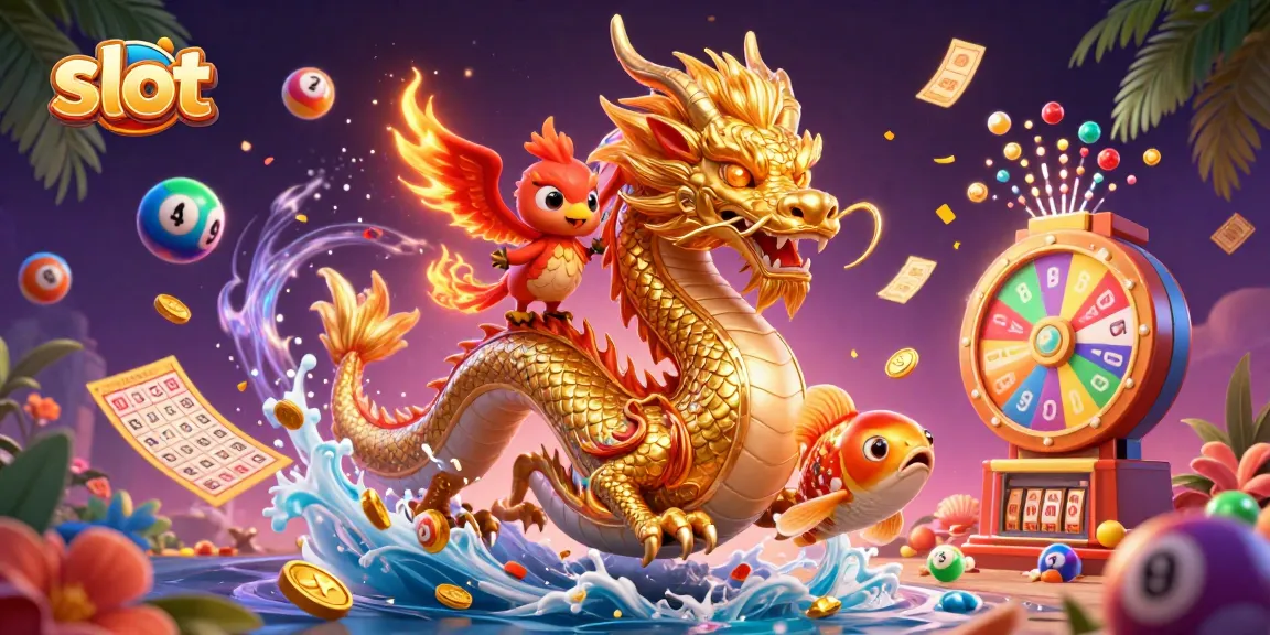Slot gacor menampilkan naga emas, burung phoenix, dan ikan koi melompat dalam koin di latar kasino yang semarak.
