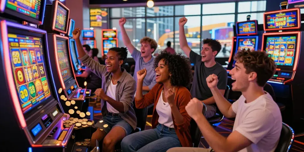 Permainan slot yang penuh warna dengan pemain beragam di kasino, menciptakan suasana ceria.