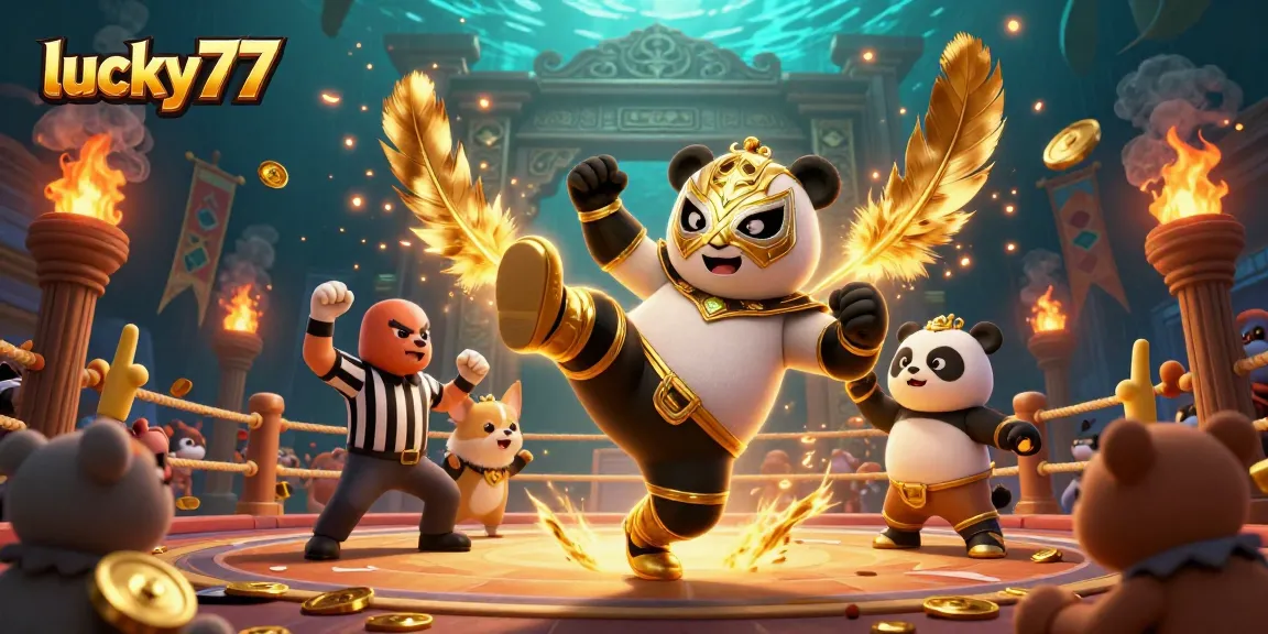 Venture into the action with lucky77 as a panda wrestler launches a flying kick in a vibrant casino arena.