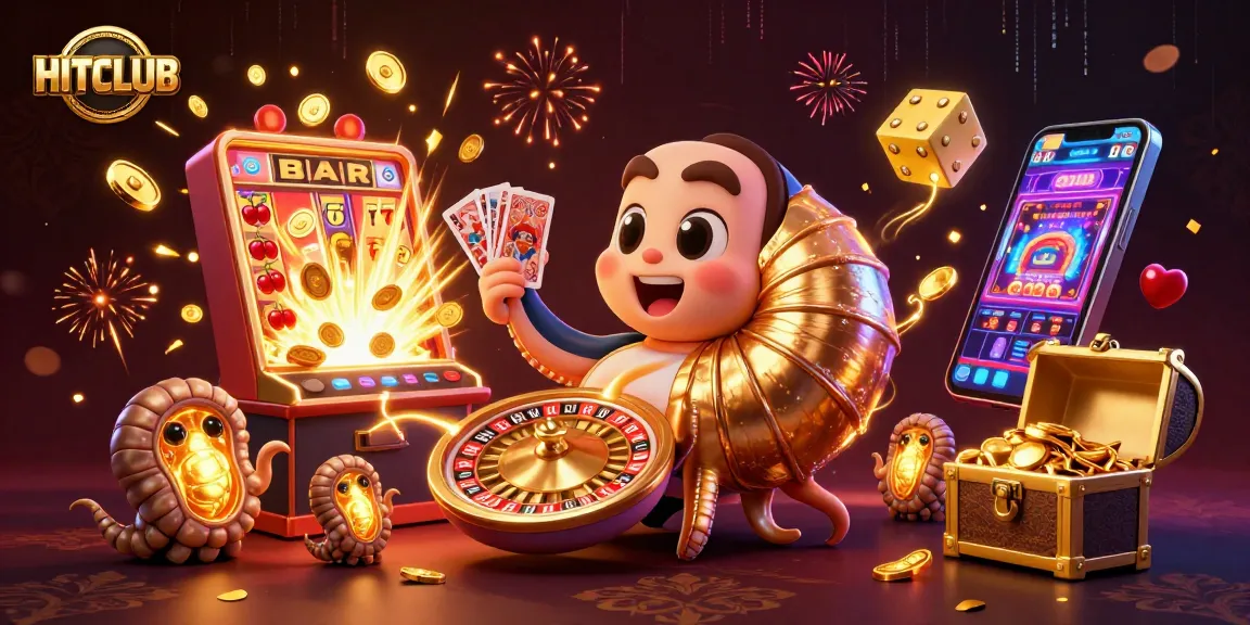 HITCLUB scene showcases thrilling gameplay with a 3D nautilus roulette wheel and a jackpot explosion of coins.