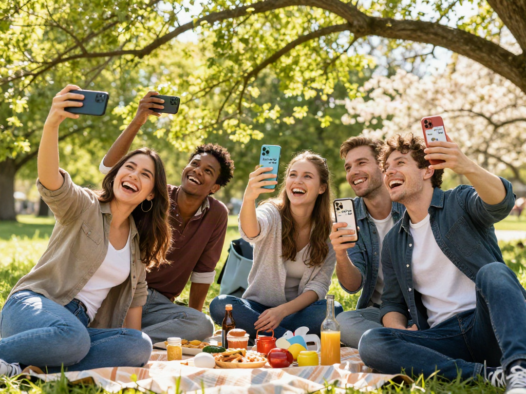 Friends enjoying a sunny day in the park using an app to see how old do I look.