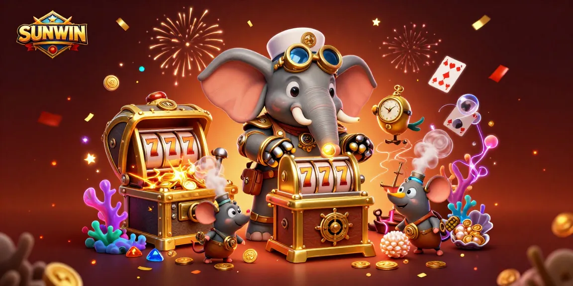 SUNWIN engages players with a steampunk elephant operating a slot machine amidst vibrant casino elements.