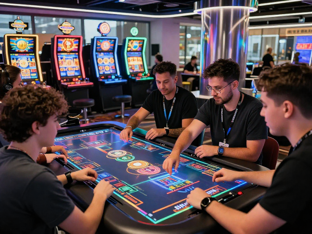 Engaging scene of a crypto casino with players using holographic interfaces and vibrant gaming elements.