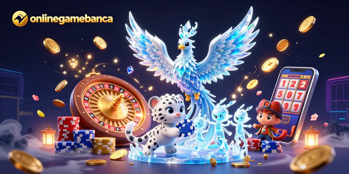 Experience the thrill of gaming with onlinegamebanca's vibrant 3D casino scene featuring a phoenix, poker chip, and glowing sprites.