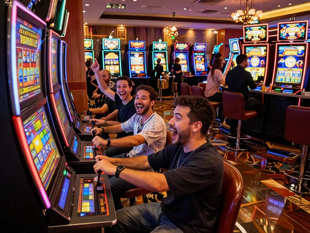 Slot gacor players cheering at a vibrant casino with colorful slot machines.