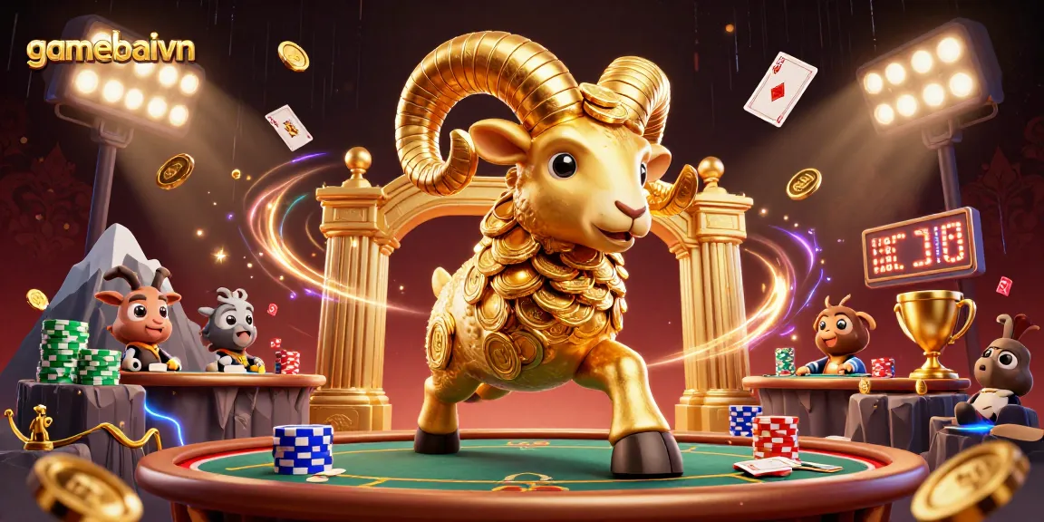 Join the poker action at gamebaivn: Golden ram charging through a vibrant casino scene.