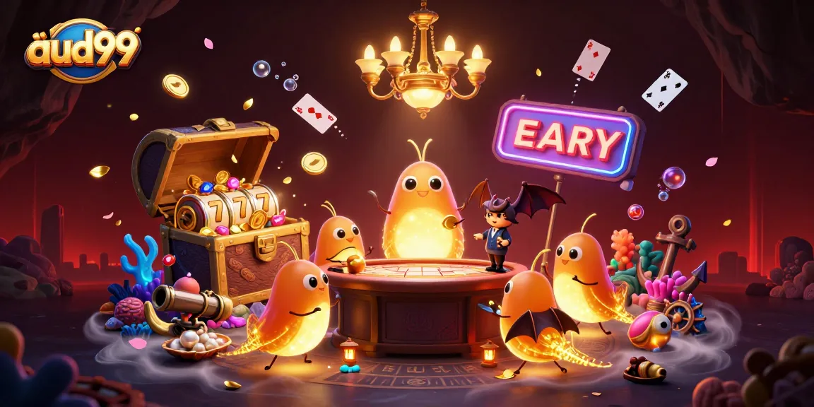Engage in thrilling aud99 gaming adventures with vibrant glowworms lighting up a lively casino scene.