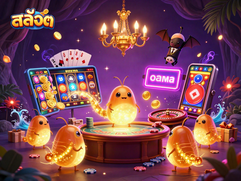 Spin colorful สล็อต games with glowing glowworms and a bat dealer in a lively cave casino.