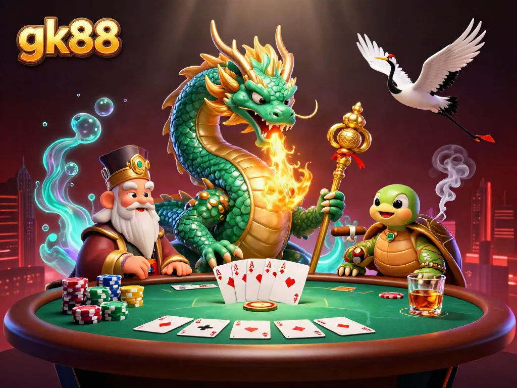 Join the thrilling action at gk88 with a vibrant casino scene featuring a jade dragon and poker elements.