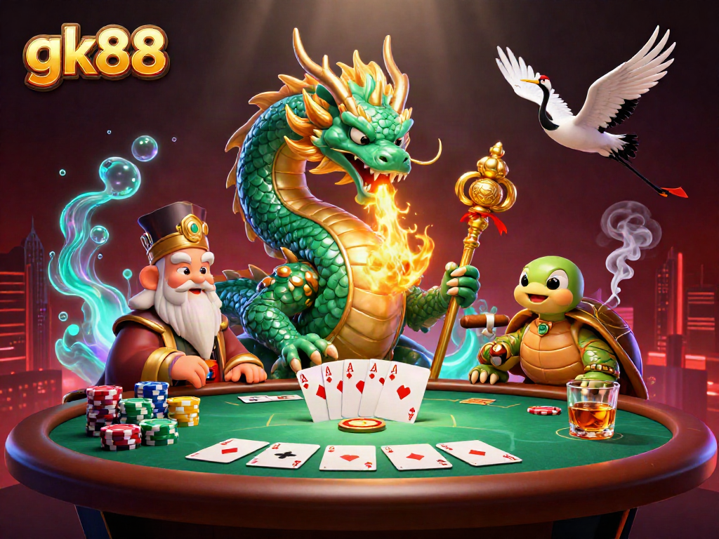 Join the thrilling action at gk88 with a vibrant casino scene featuring a jade dragon and poker elements.