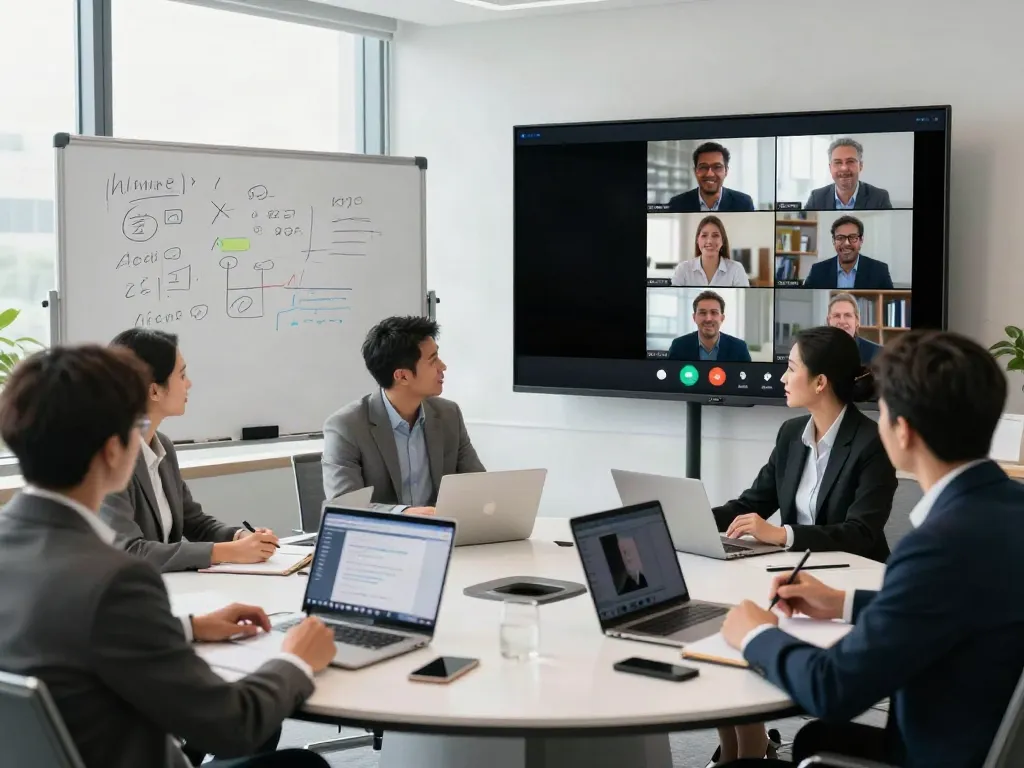 Deepfake protected Conferencing team in modern video meeting setup